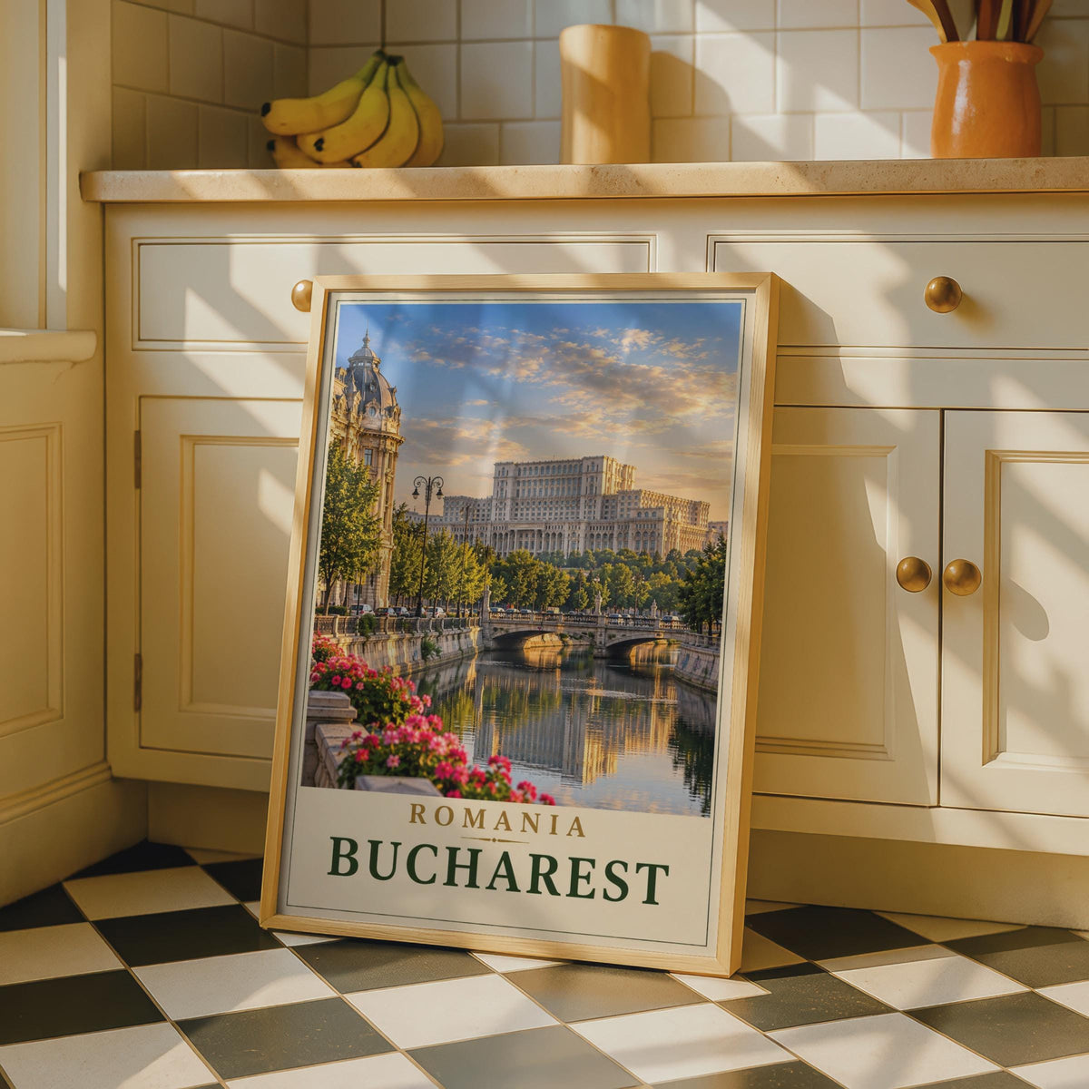 Bucharest Romania Travel Poster, Palace of Parliament, Golden Hour Cityscape (Print)