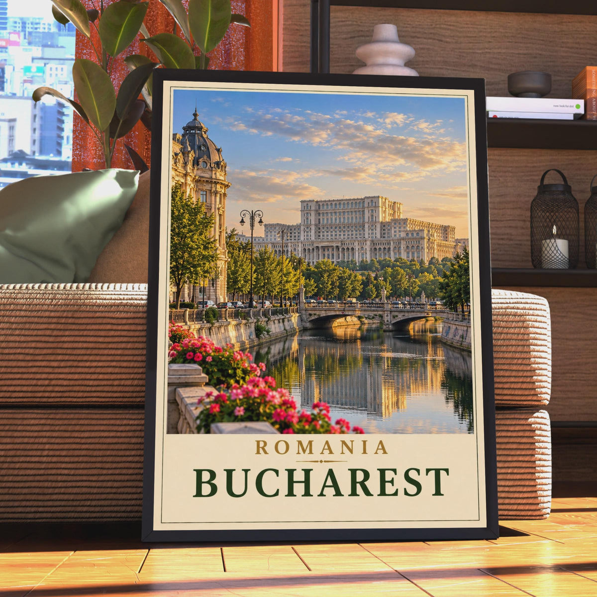 Bucharest Romania Travel Poster, Palace of Parliament, Golden Hour Cityscape (Print)
