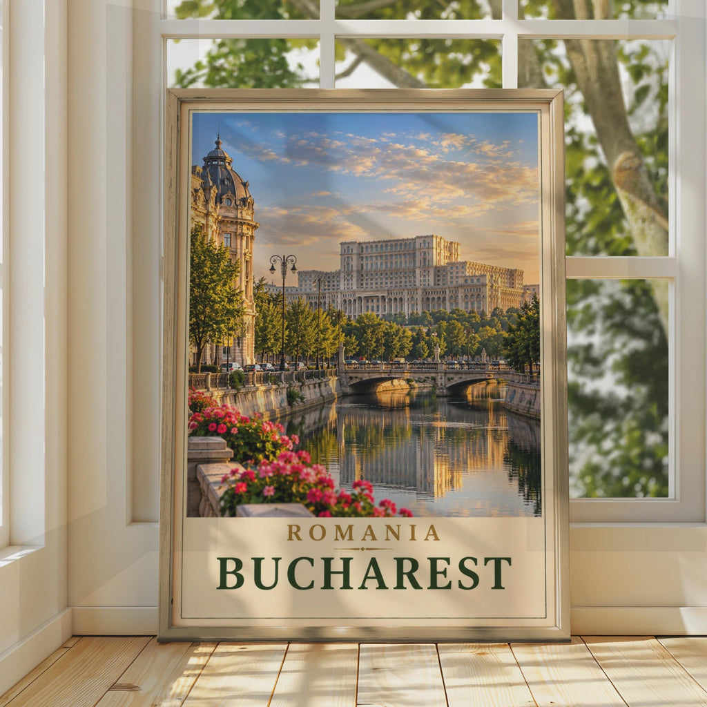 Bucharest Romania Travel Poster, Palace of Parliament, Golden Hour Cityscape (Print)
