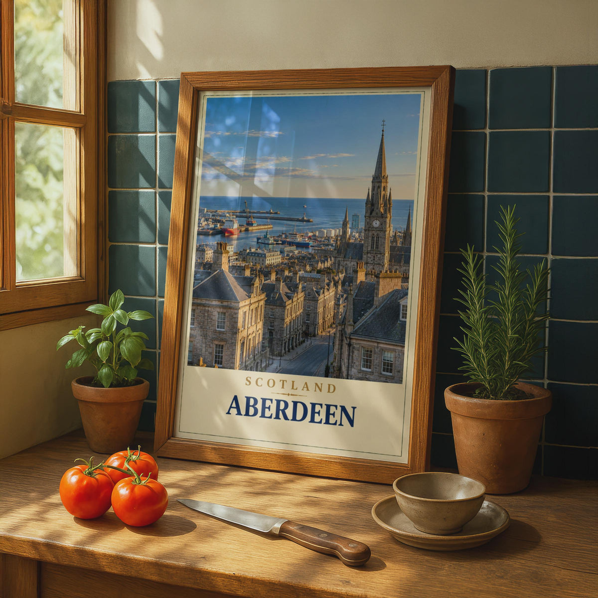 Aberdeen Scotland Travel Poster, Gothic Clock Tower, Harbour View, North Sea (Print)