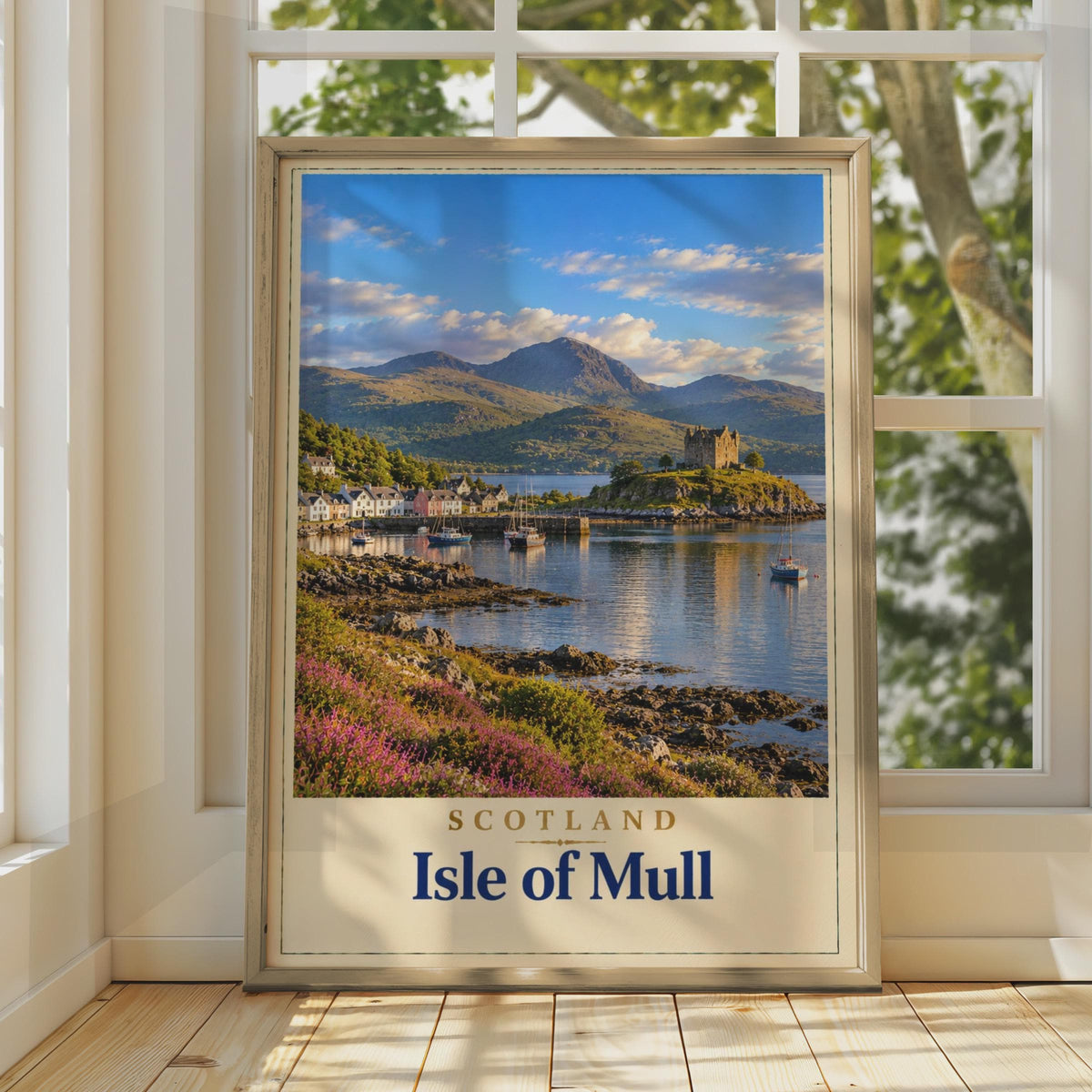 Isle of Mull Scotland Travel Poster, Castle Harbour, Tobermory Loch Print (Wall Art)