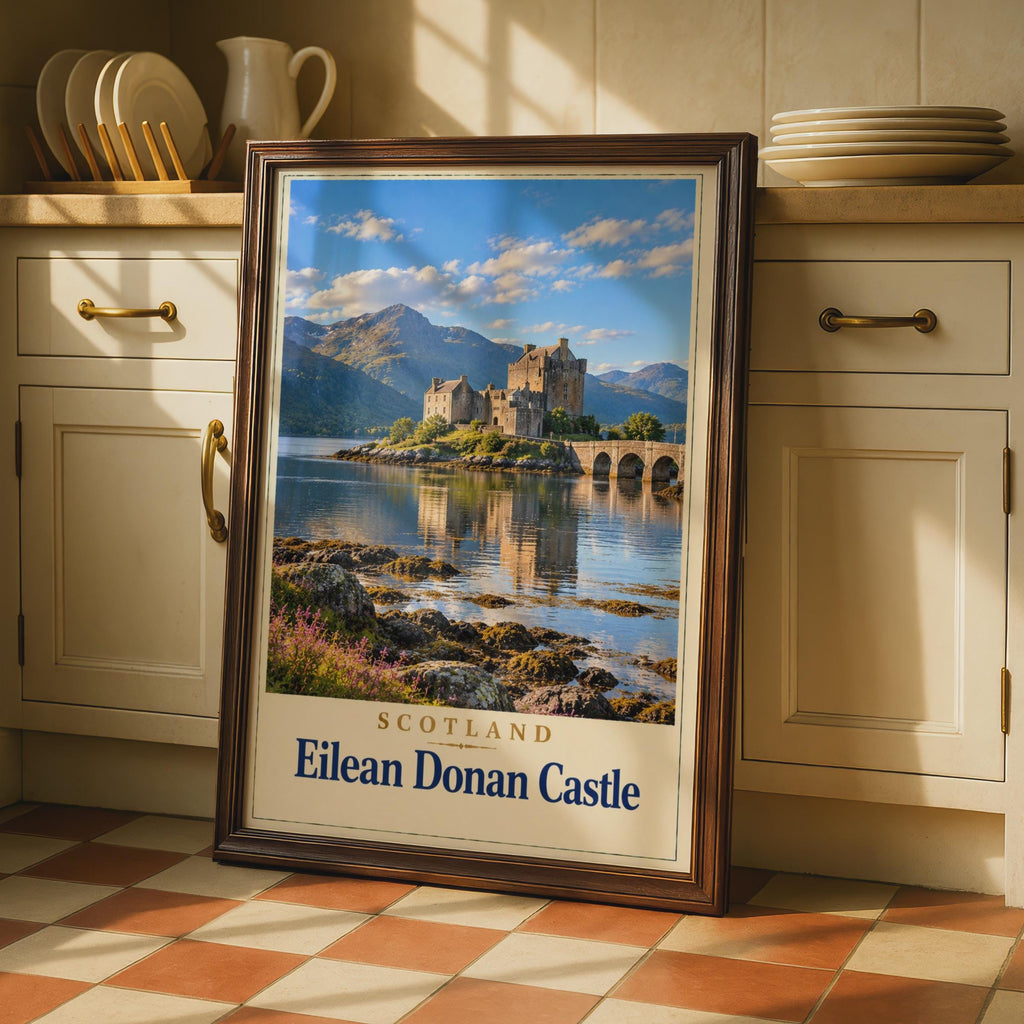 Eilean Donan Castle Scotland Travel Poster, Highland Loch Print, Vintage Style Wall Art