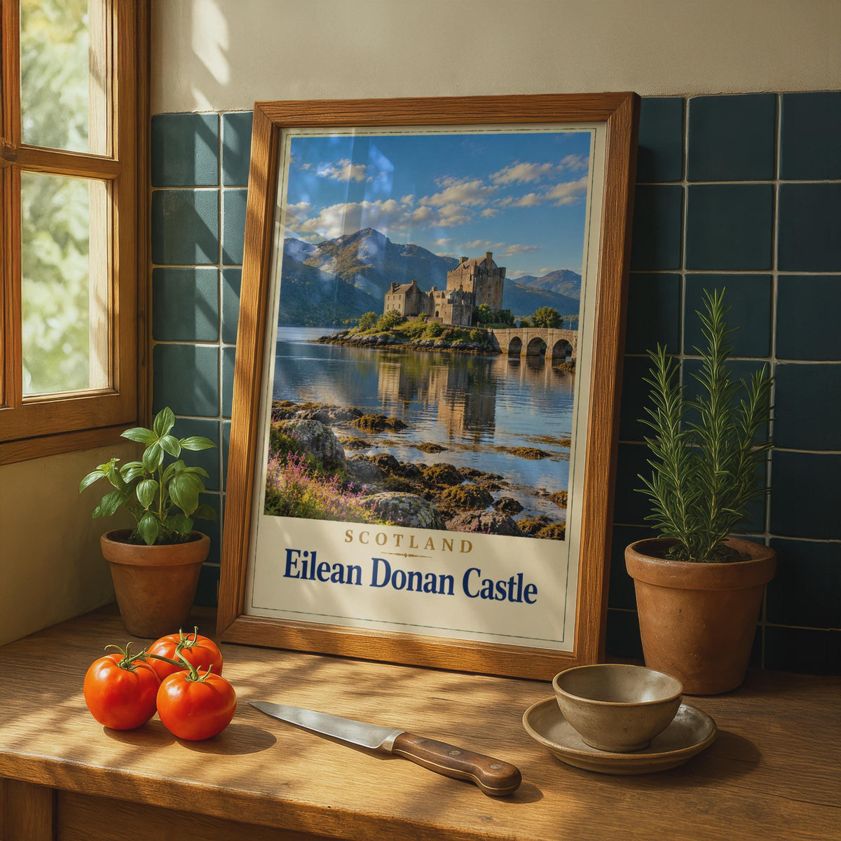 Eilean Donan Castle Scotland Travel Poster, Highland Loch Print, Vintage Style Wall Art
