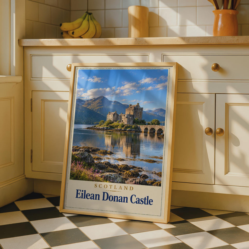 Eilean Donan Castle Scotland Travel Poster, Highland Loch Print, Vintage Style Wall Art