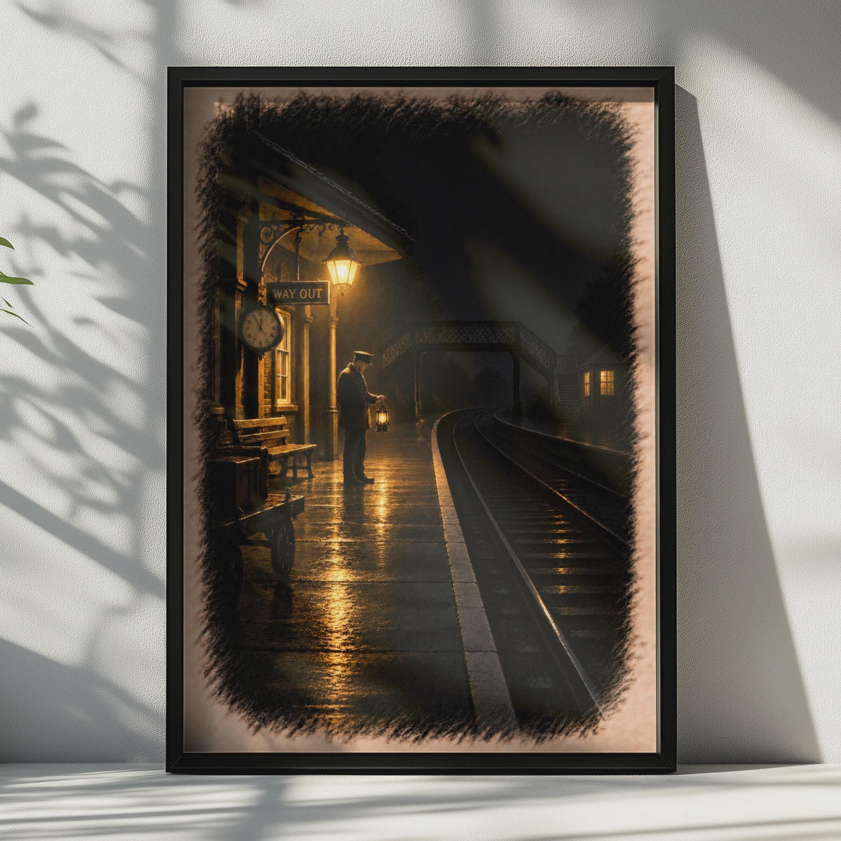 Vintage Railway Station Night Scene Poster, Victorian Stationmaster Lantern Wall Art