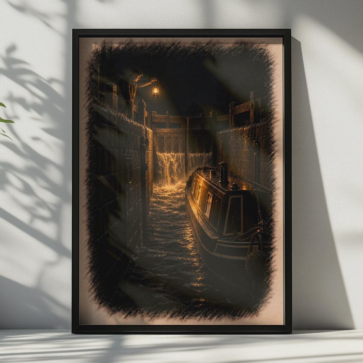 Canal Lock Night Scene Poster, Lantern Light Narrowboat, British Heritage Art Print