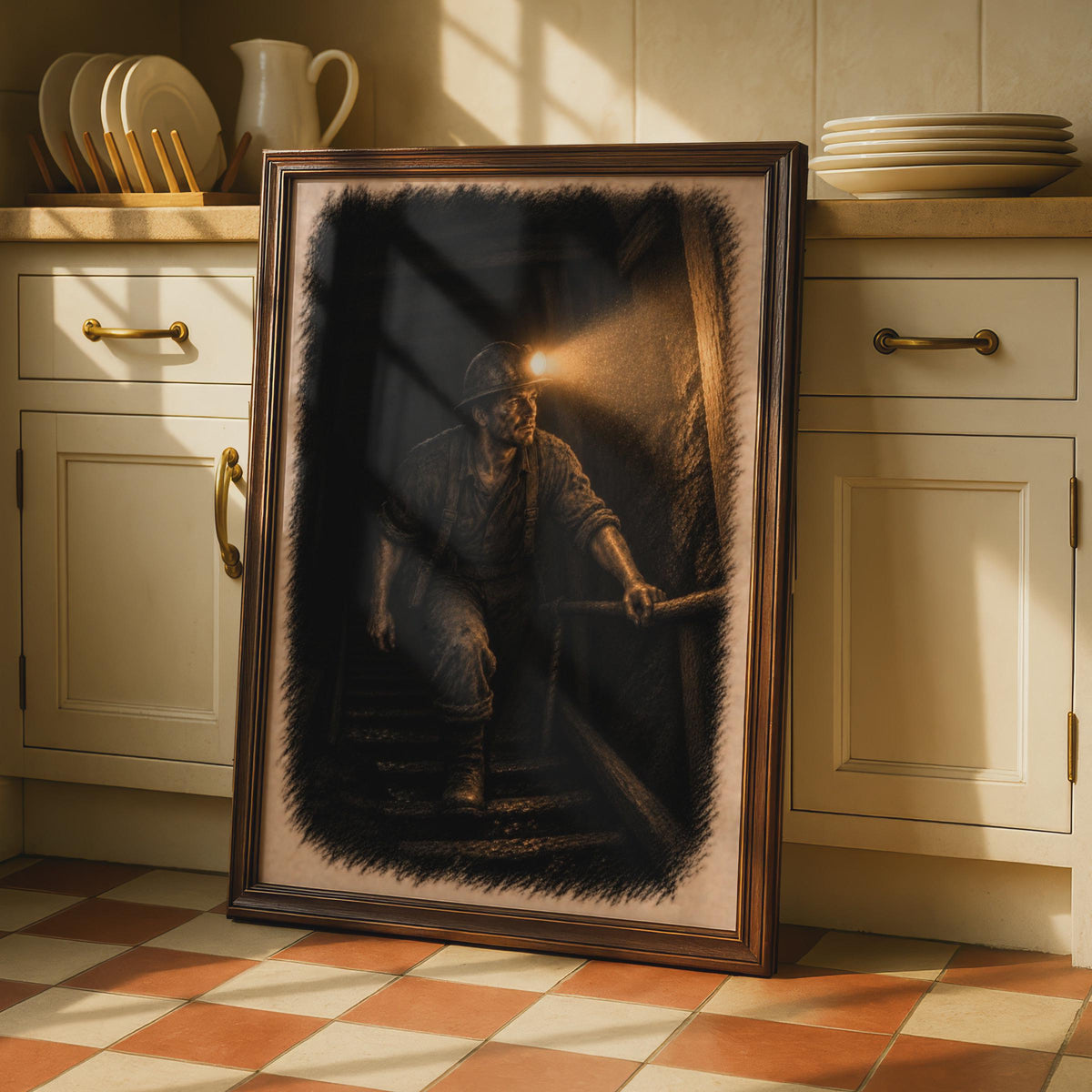 Vintage Sepia Coal Miner Poster, Dramatic Industrial History Art Print (Man Cave Decor)