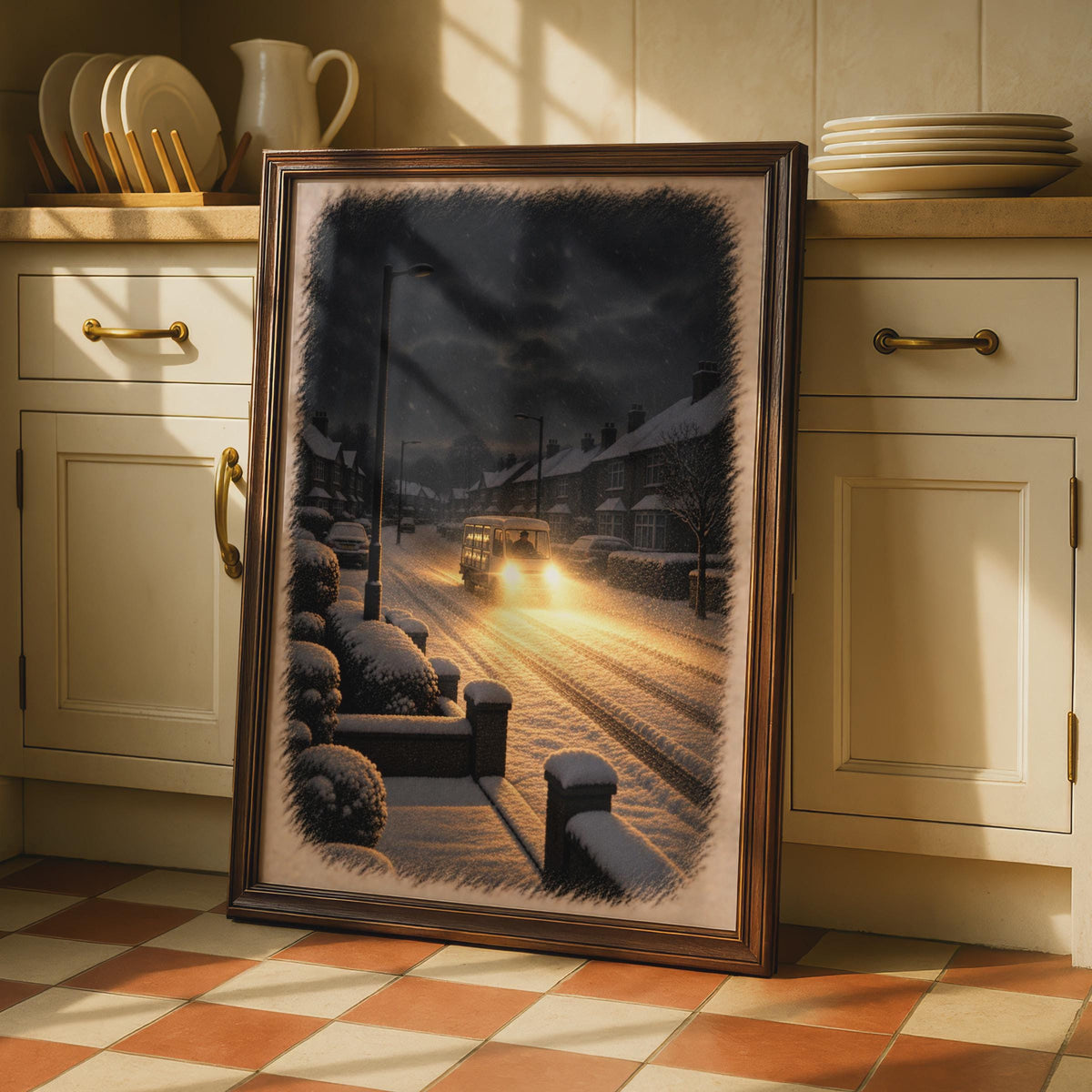 British Winter Street Art Poster, Snowy Milk Float, Nostalgic UK Suburban Night (Print)