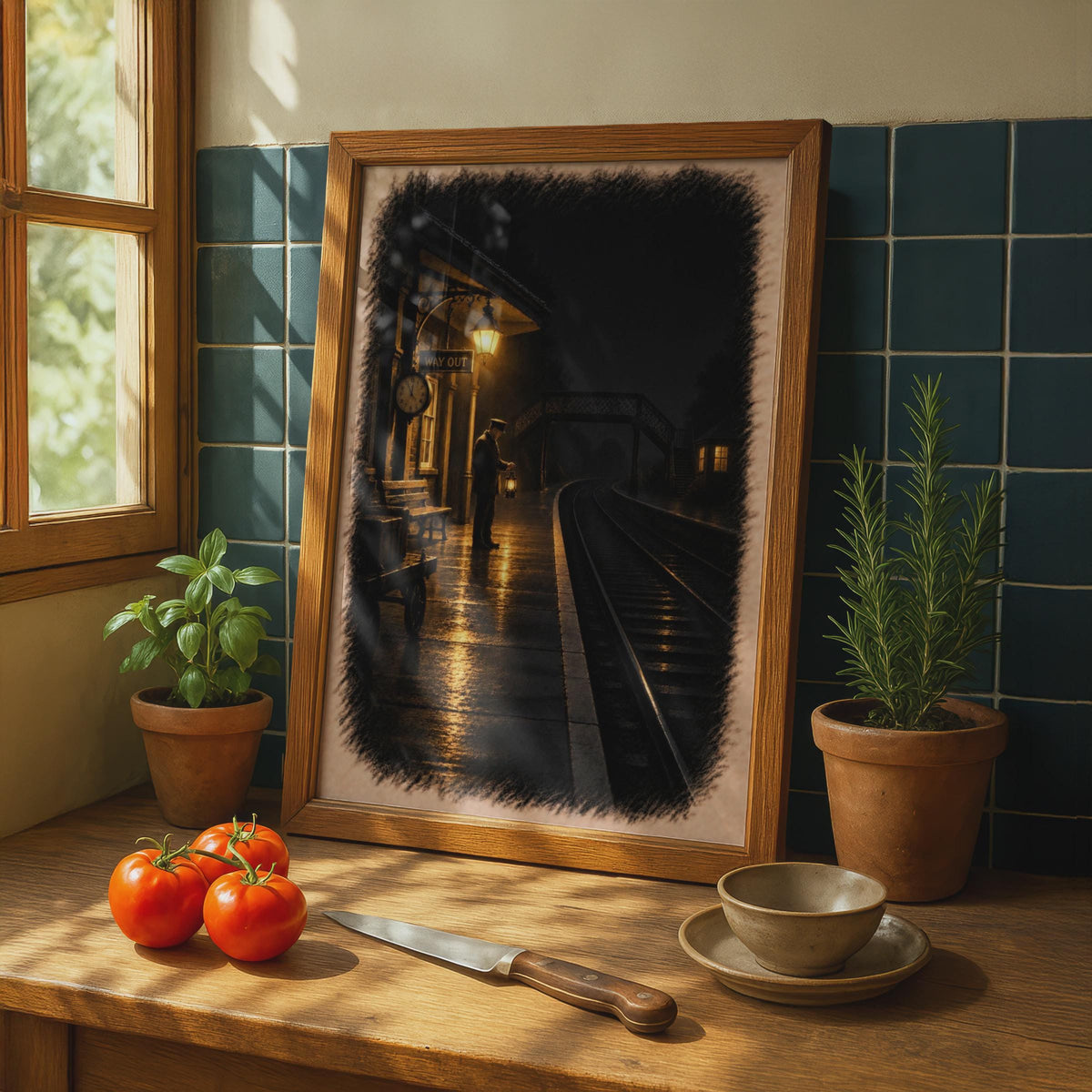 Vintage Railway Station Night Scene Poster, Victorian Stationmaster Lantern Wall Art