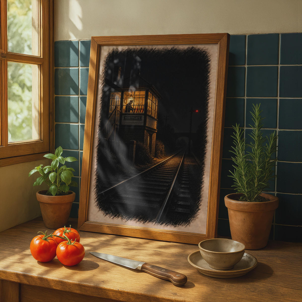 Northgate Signal Box Railway Poster, Vintage British Train Night Scene, Moody Atmospheric Print