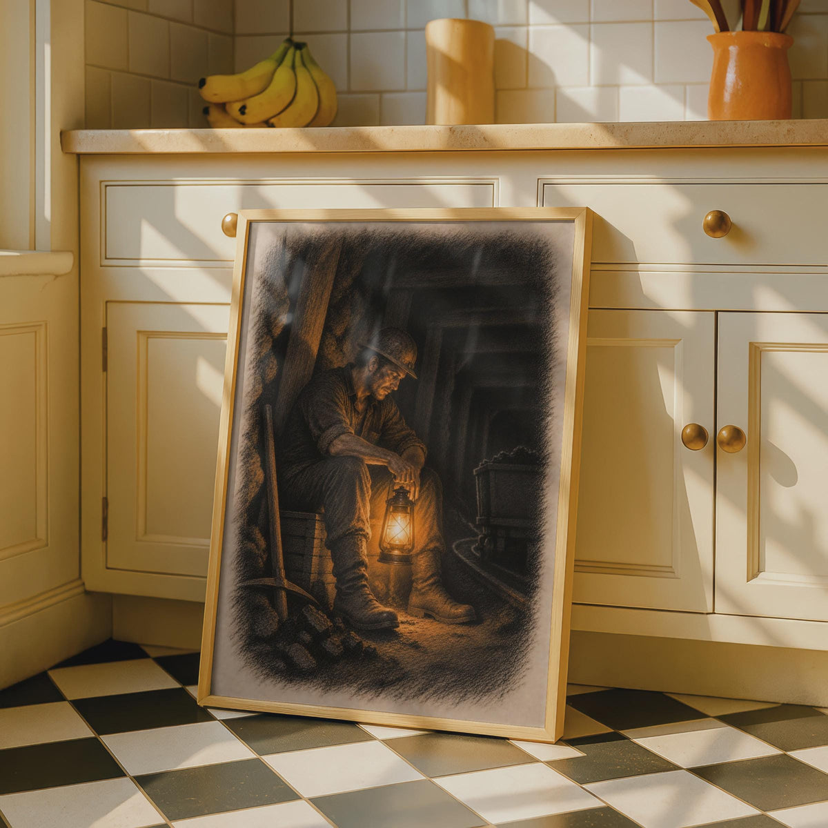Coal Miner Lantern Art Print, Sepia Tone Mining Heritage Wall Decor