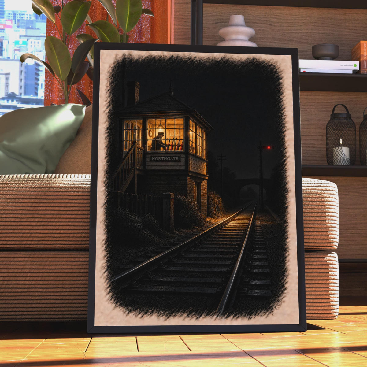 Northgate Signal Box Railway Poster, Vintage British Train Night Scene, Moody Atmospheric Print