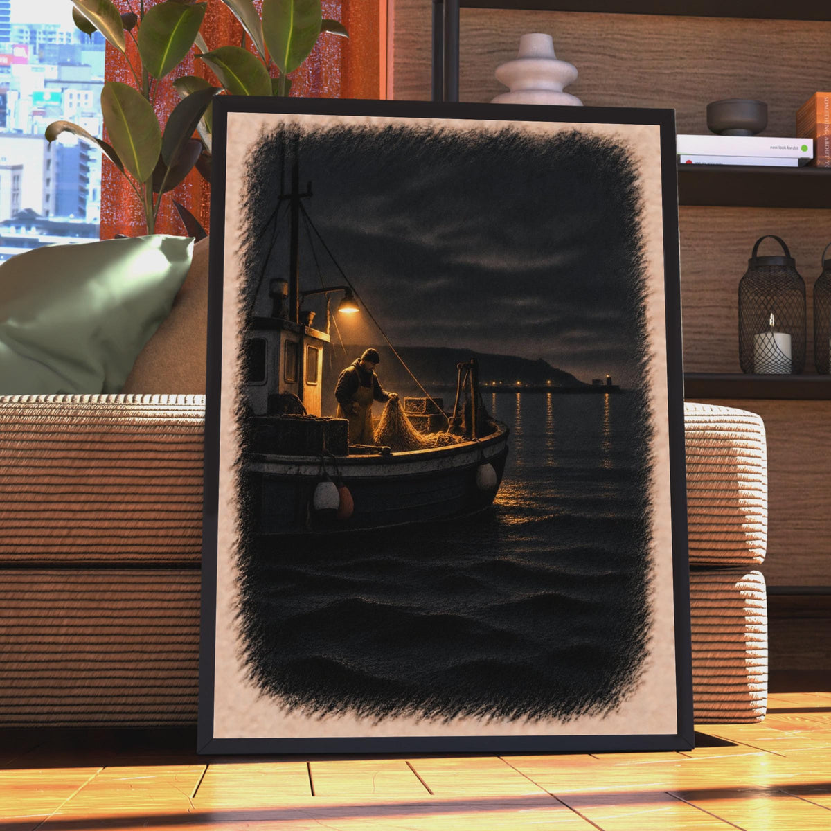 Moody Night Fisherman Trawler Poster, Dramatic Seascape, Coastal Maritime Art