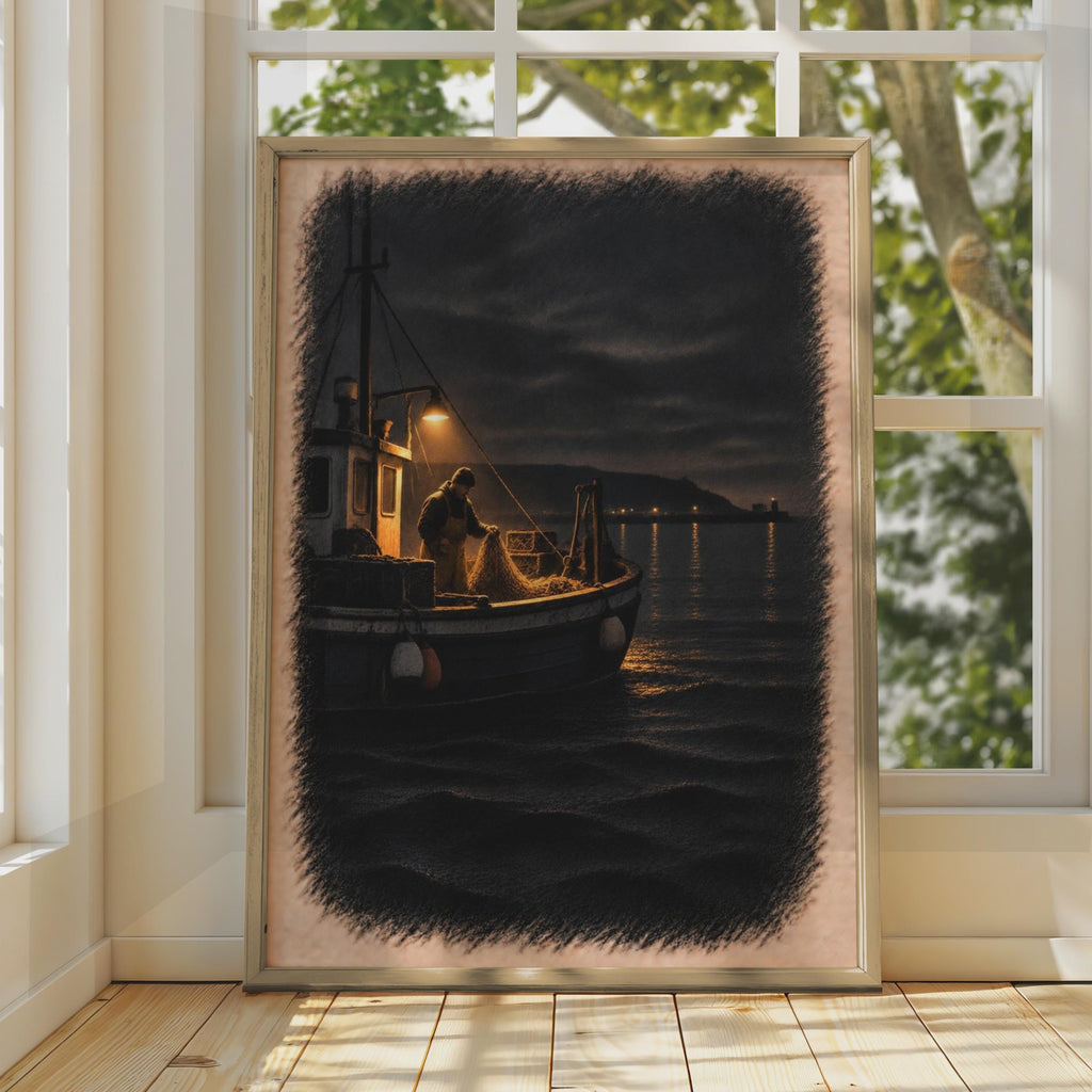 Moody Night Fisherman Trawler Poster, Dramatic Seascape, Coastal Maritime Art