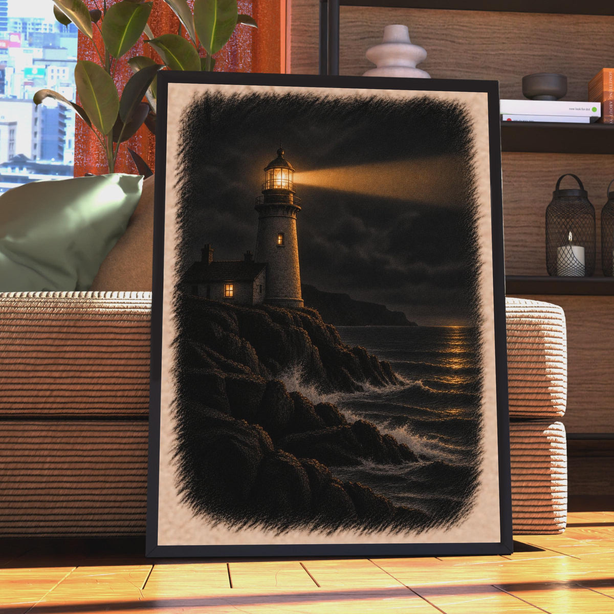 Moody Lighthouse Poster, Stormy Sea Night Scene, Coastal Wall Art (Printed Poster)