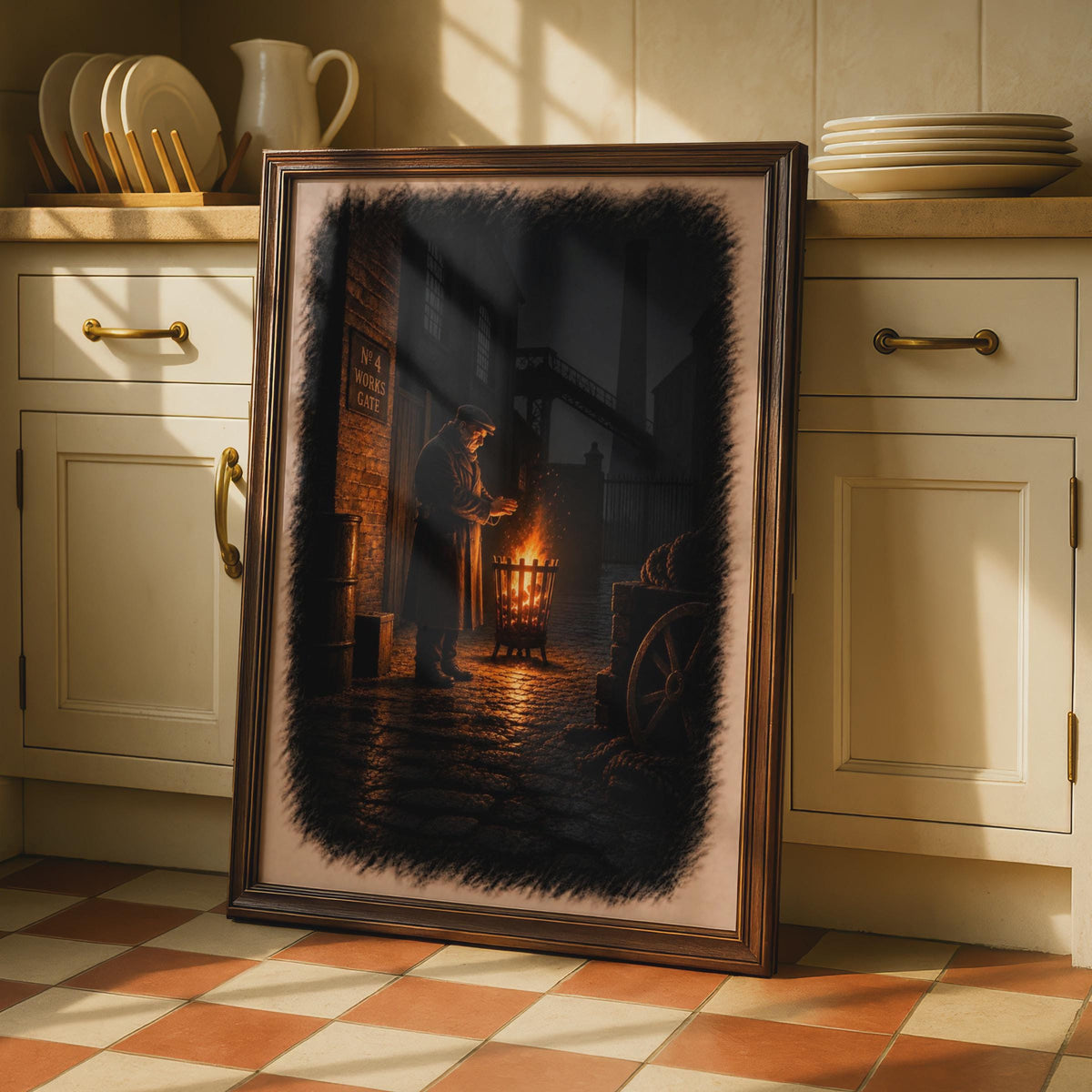 Victorian Industrial Night Scene Poster, Watchman by Fire Brazier, Moody Factory Wall Art