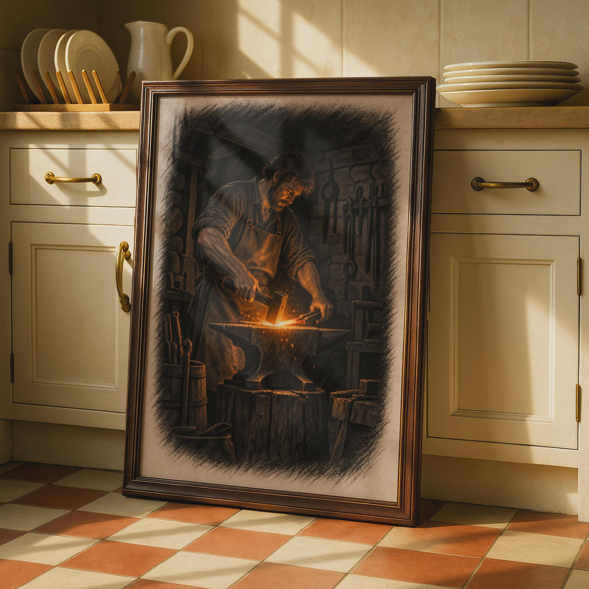 Blacksmith Forge Poster, Anvil Hammer Sparks, Moody Craftsman Art (Print)