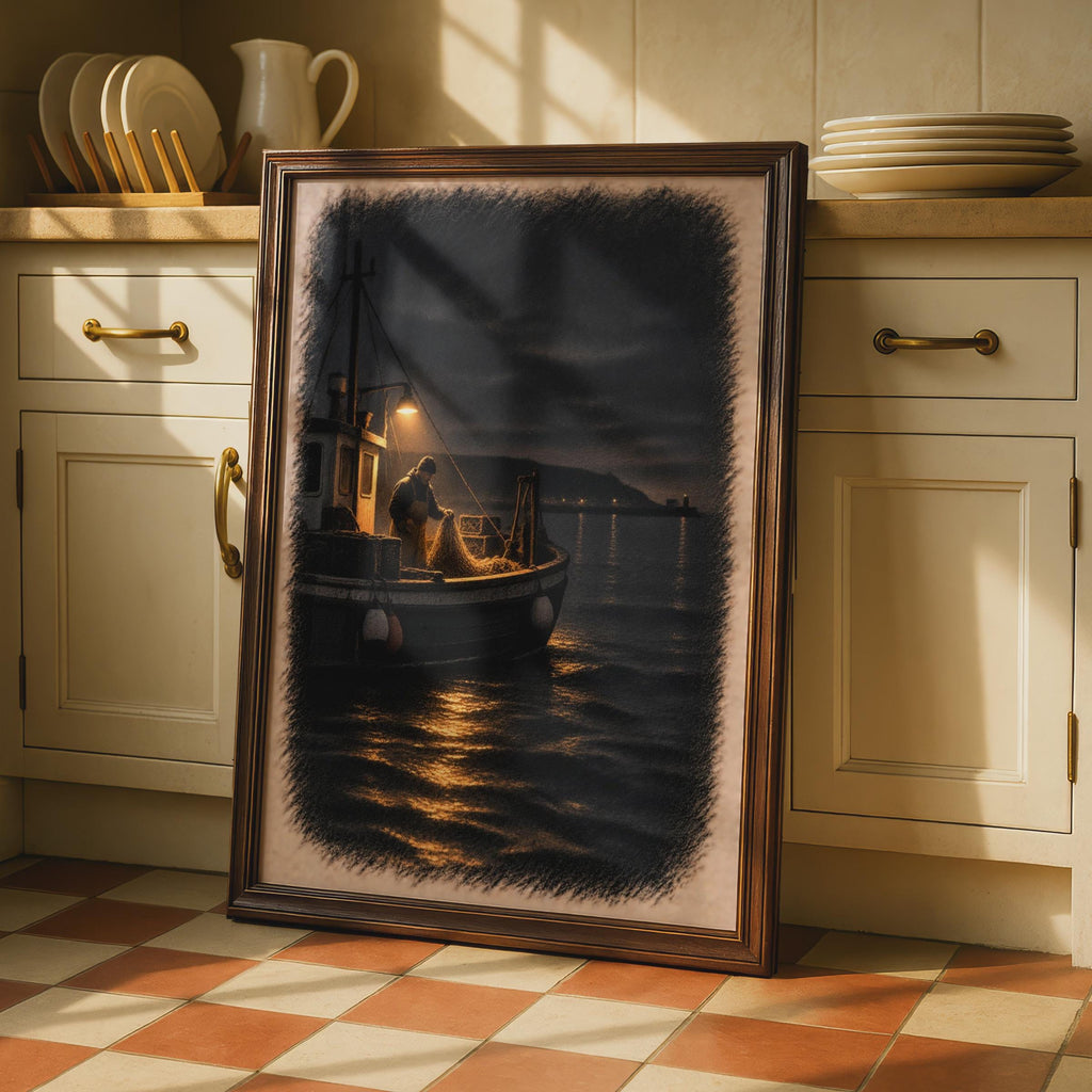 Night Fisherman Trawler Poster, Moody Coastal Wall Art, Maritime Nautical Decor