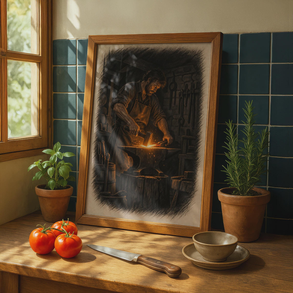 Blacksmith Forge Poster, Anvil Hammer Sparks, Moody Craftsman Art (Print)