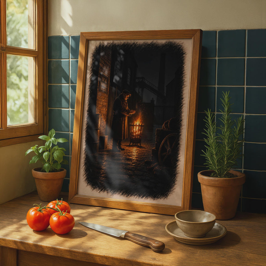 Victorian Industrial Night Scene Poster, Watchman by Fire Brazier, Moody Factory Wall Art