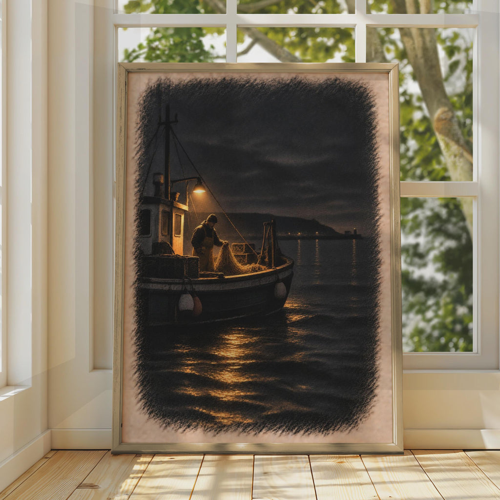 Night Fisherman Trawler Poster, Moody Coastal Wall Art, Maritime Nautical Decor