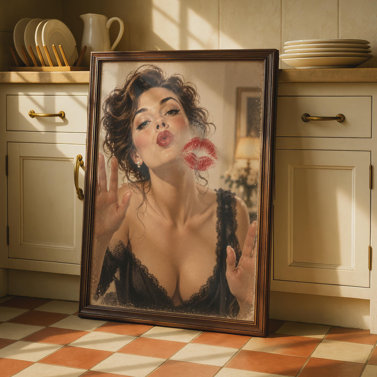 Vintage Pin Up Kiss Poster, Retro Glamour Wall Art, Red Lips Trompe L'oeil Print, Boudoir Decor, Optical Illusion Smudge Glas