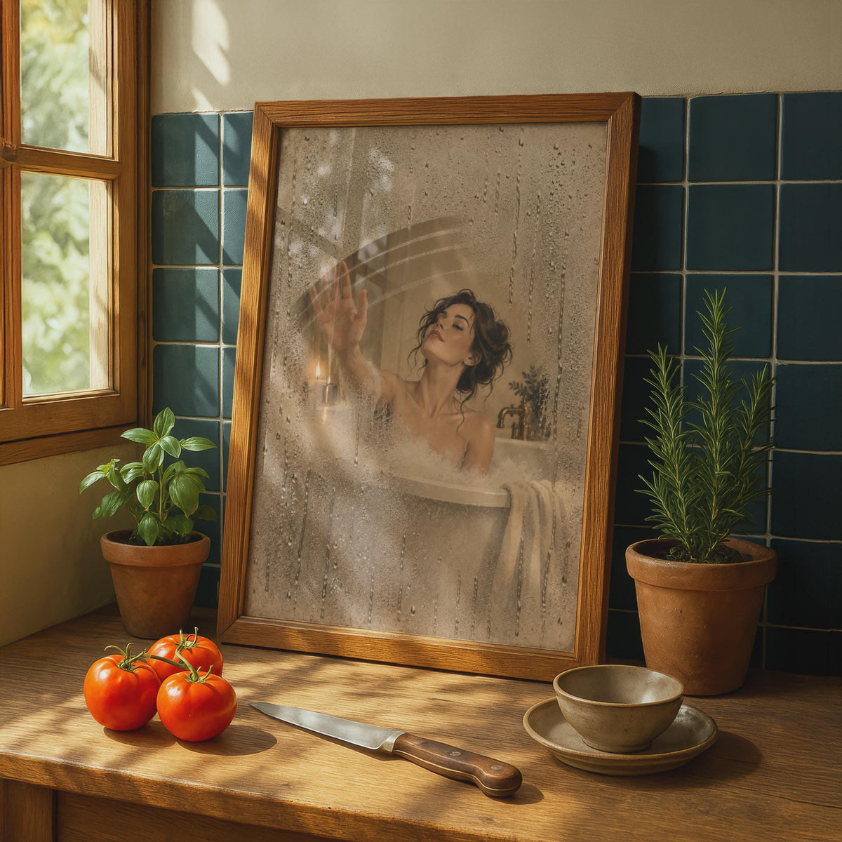 Steamy Bath Optical Illusion Poster, Trompe L'oeil Condensation Wall Art (Printed)
