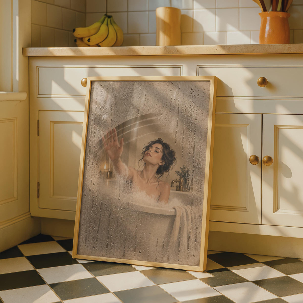 Steamy Bath Optical Illusion Poster, Trompe L'oeil Condensation Wall Art (Printed)