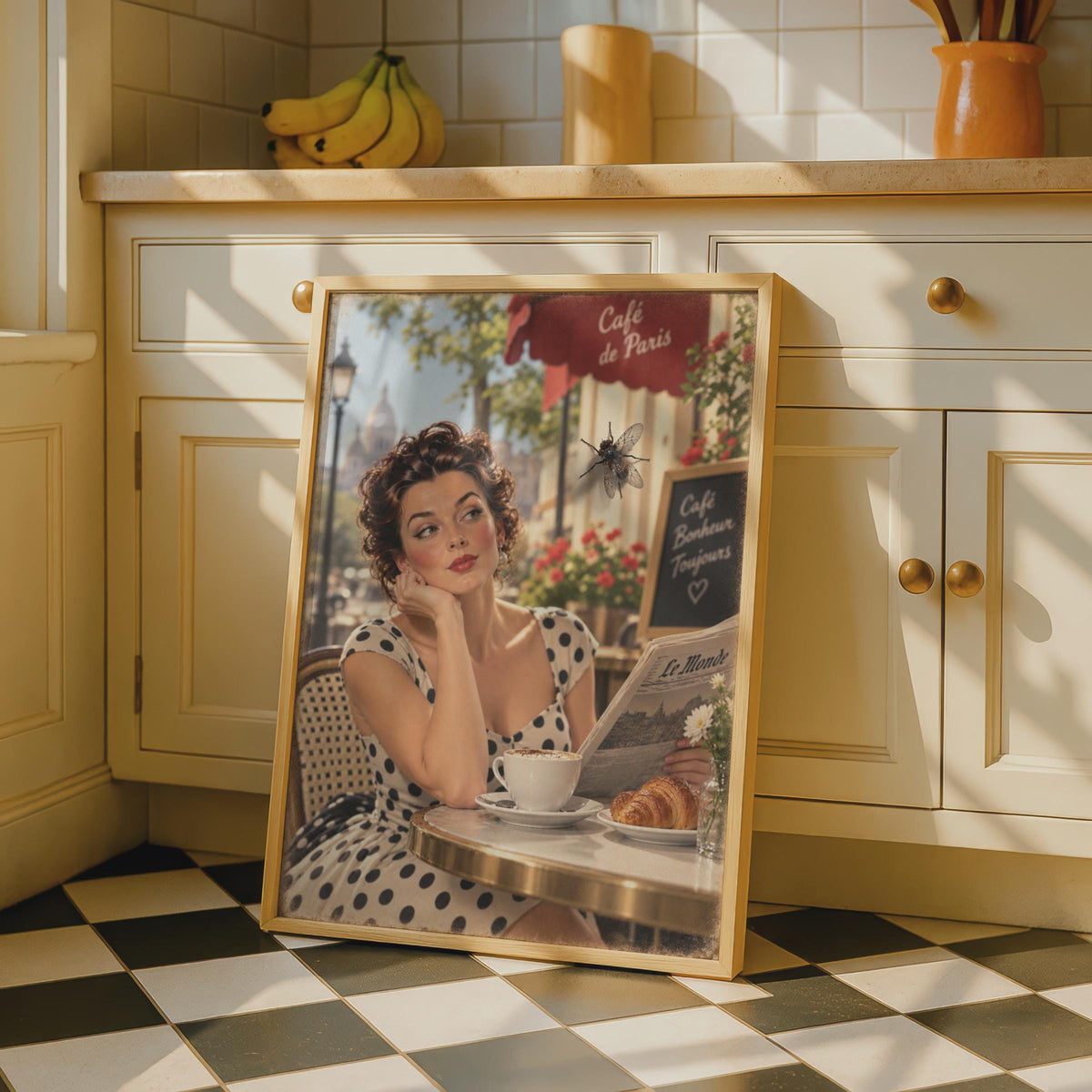 Paris Cafe Optical Illusion Poster, Vintage Pin-Up French Wall Art, Retro Trompe L'Oeil Fly Print, Kitchen Dining Room Decor 