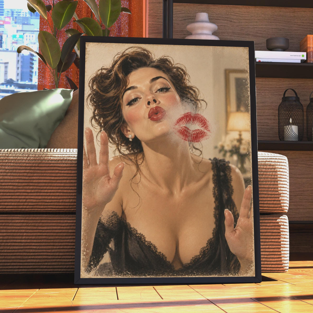Vintage Pin Up Kiss Poster, Retro Glamour Wall Art, Red Lips Trompe L'oeil Print, Boudoir Decor, Optical Illusion Smudge Glas