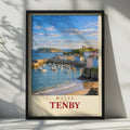 Tenby Harbour Wales Travel Poster, Pembrokeshire Coastal Art, Colorful Boats, Sandy Beach (Print)