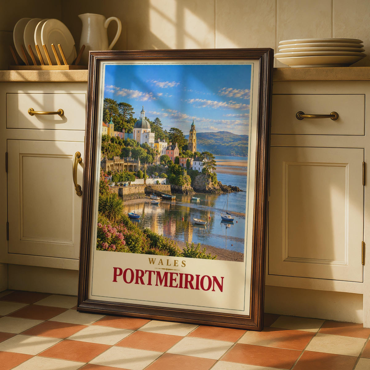Portmeirion Wales Travel Poster, Italianate Harbour, Coastal Village Art (Print)
