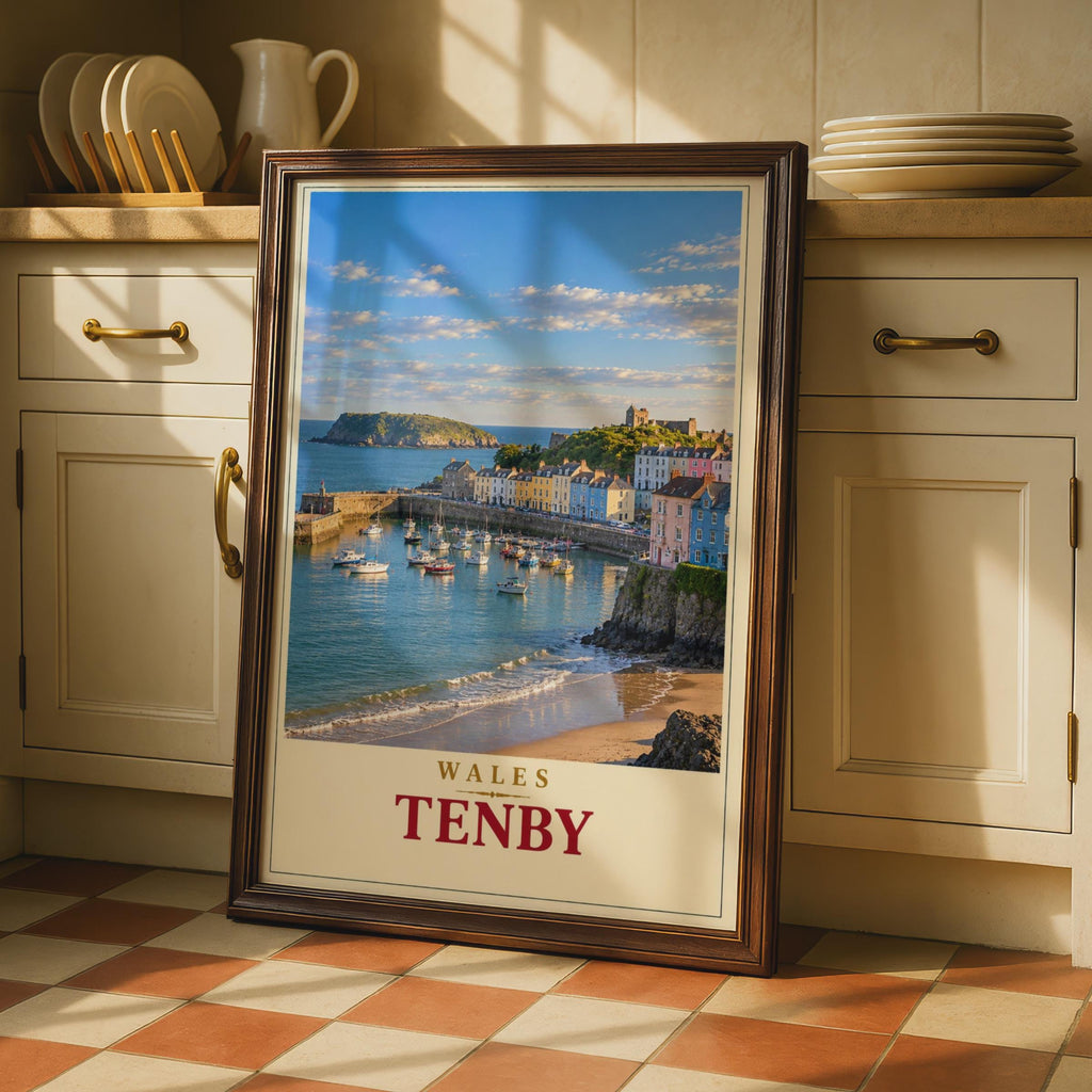 Tenby Harbour Wales Travel Poster, Pembrokeshire Coastal Art, Colorful Boats, Sandy Beach (Print)