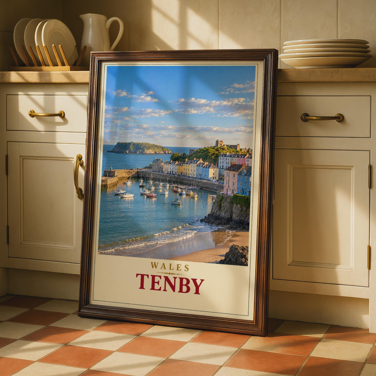 Tenby Harbour Wales Travel Poster, Pembrokeshire Coastal Art, Colorful Boats, Sandy Beach (Print)