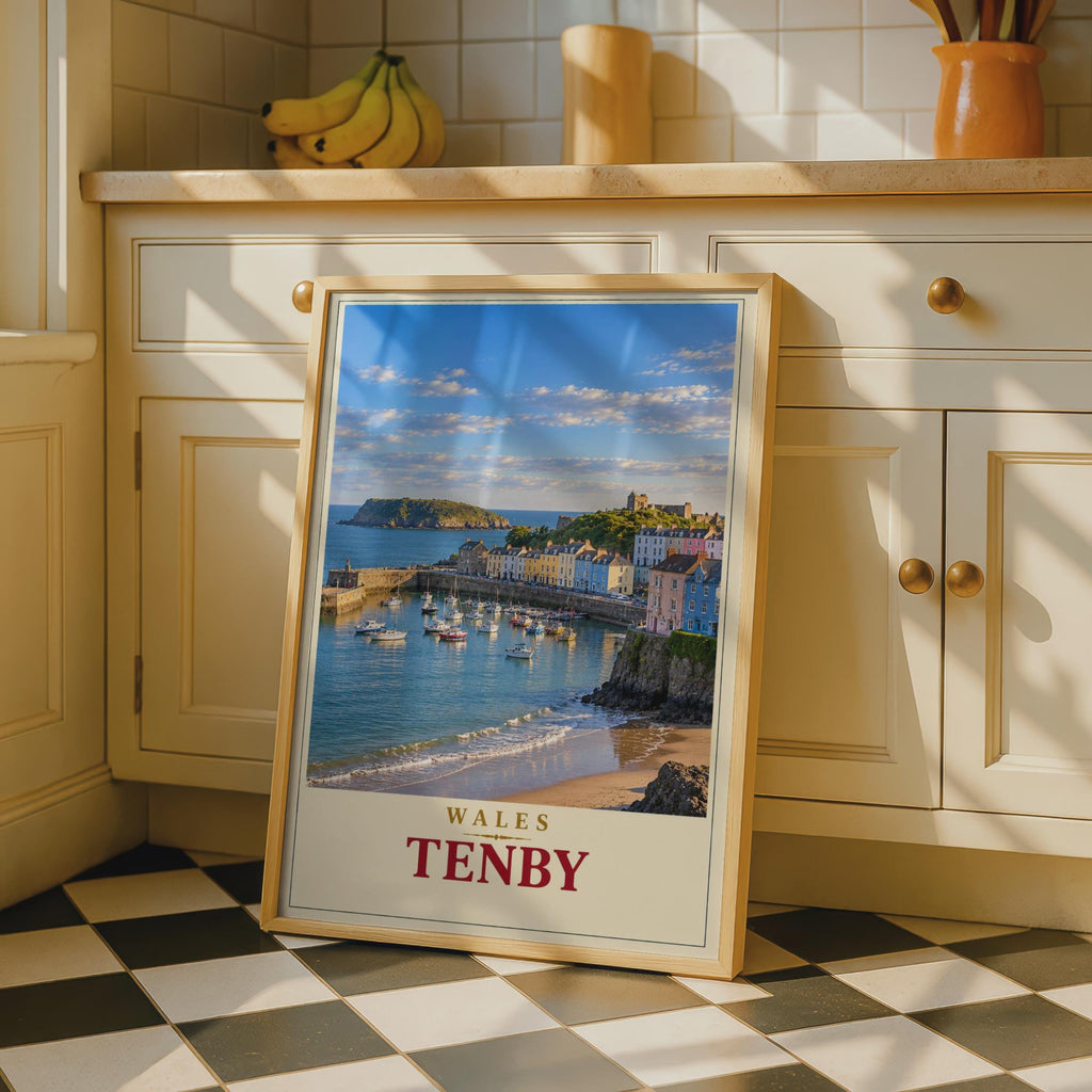 Tenby Harbour Wales Travel Poster, Pembrokeshire Coastal Art, Colorful Boats, Sandy Beach (Print)