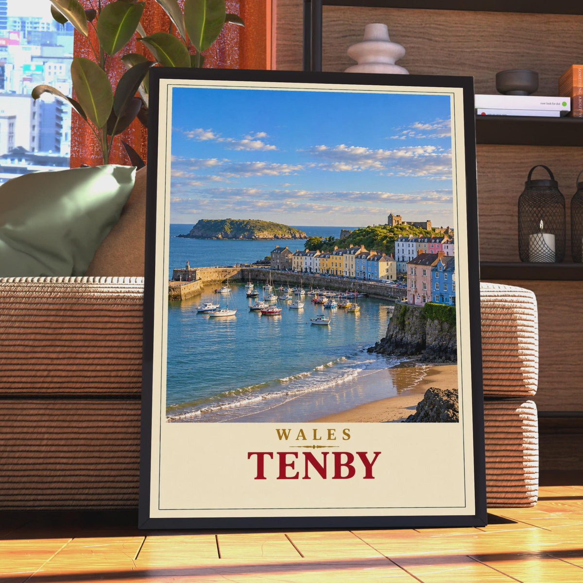 Tenby Harbour Wales Travel Poster, Pembrokeshire Coastal Art, Colorful Boats, Sandy Beach (Print)