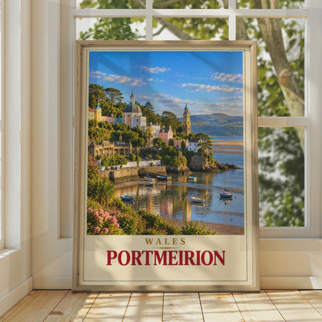 Portmeirion Wales Travel Poster, Italianate Harbour, Coastal Village Art (Print)