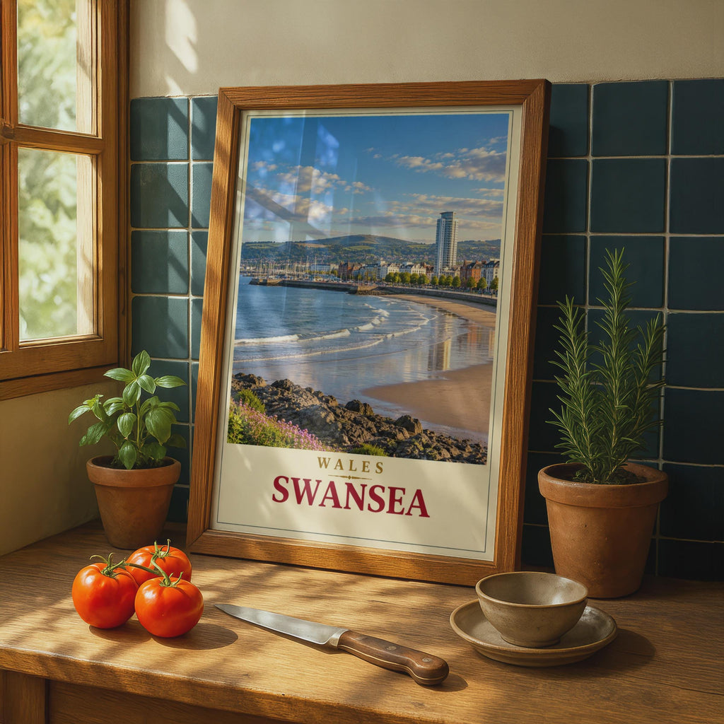 Swansea Bay Travel Poster, Welsh Coastal City Print, Vintage Style Wall Art