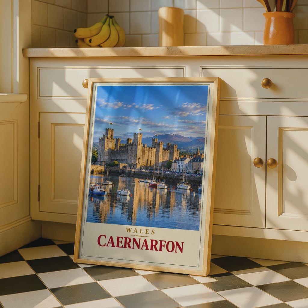 Caernarfon Castle Wales Travel Poster, Snowdonia Harbour View, Vintage Style Print
