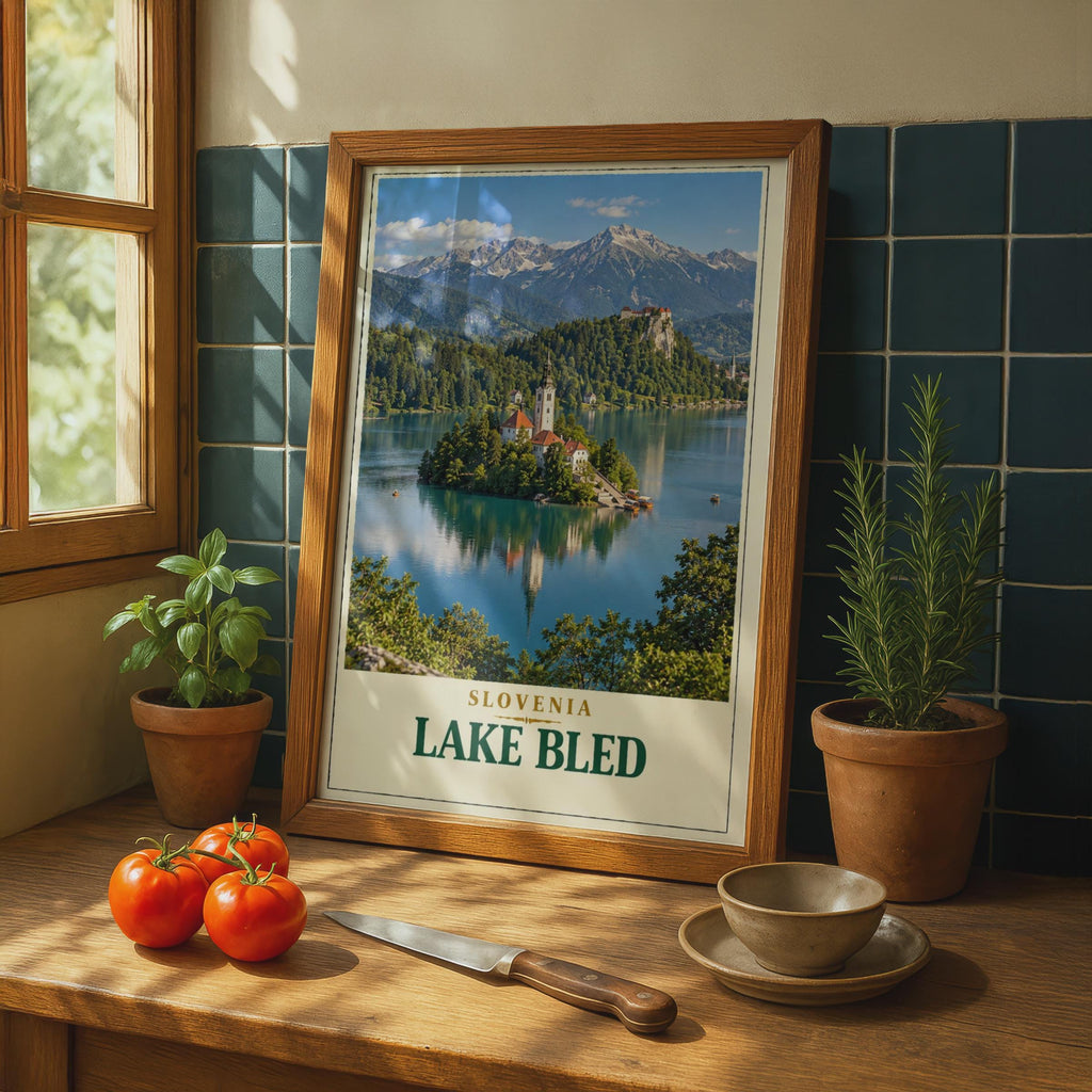 Lake Bled Slovenia Travel Poster, Julian Alps, Church Island Castle (Vintage Style Print)