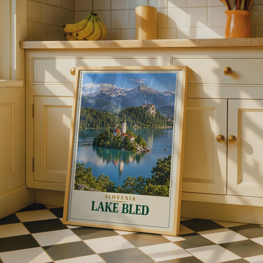 Lake Bled Slovenia Travel Poster, Julian Alps, Church Island Castle (Vintage Style Print)