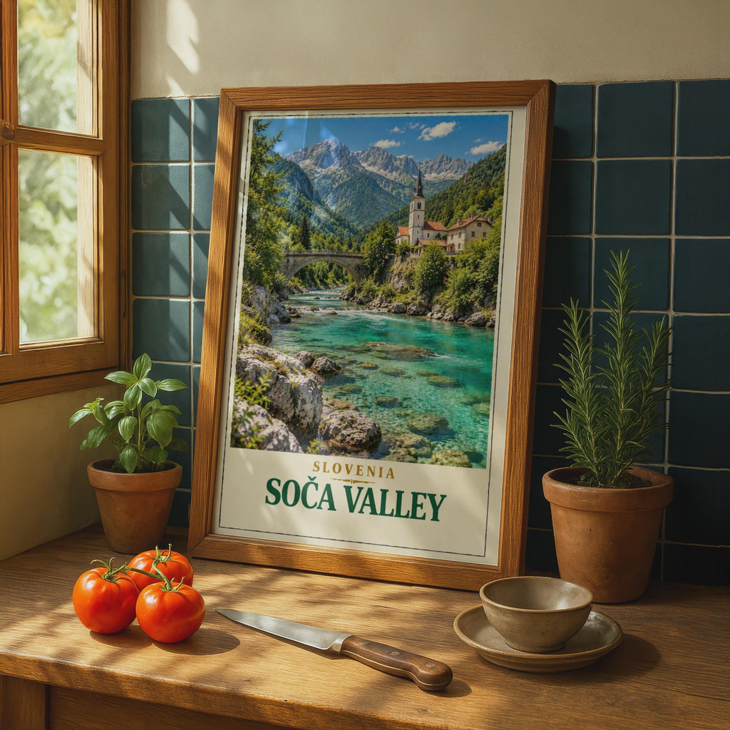Soca Valley Slovenia Travel Poster, Turquoise River, Julian Alps Village Art (Print)