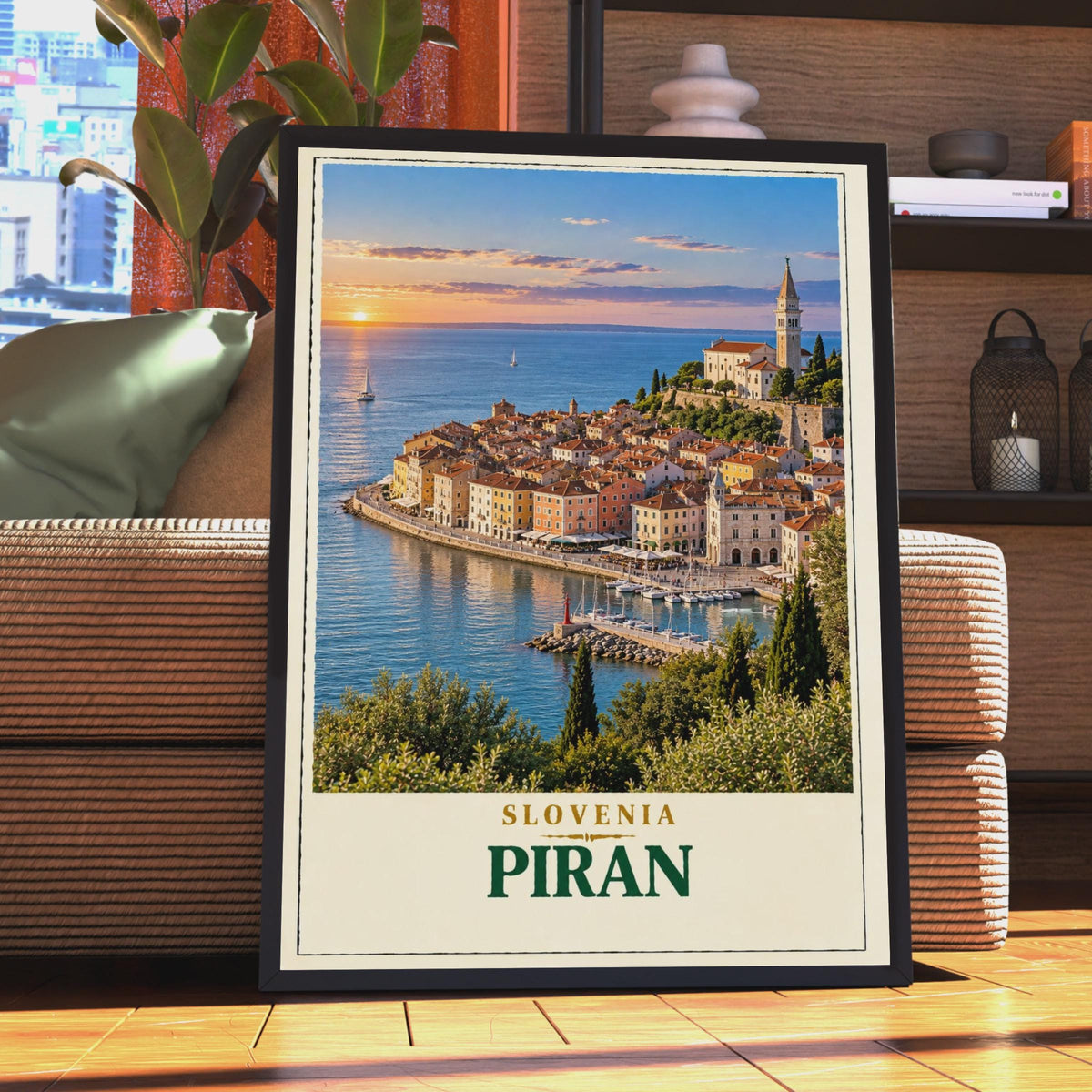 Piran Slovenia Travel Poster, Adriatic Sunset, Mediterranean Old Town (Print)