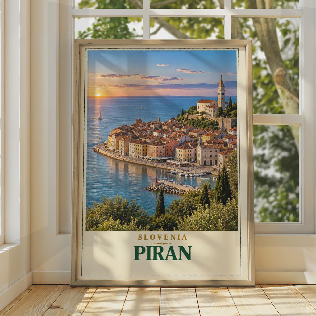Piran Slovenia Travel Poster, Adriatic Sunset, Mediterranean Old Town (Print)