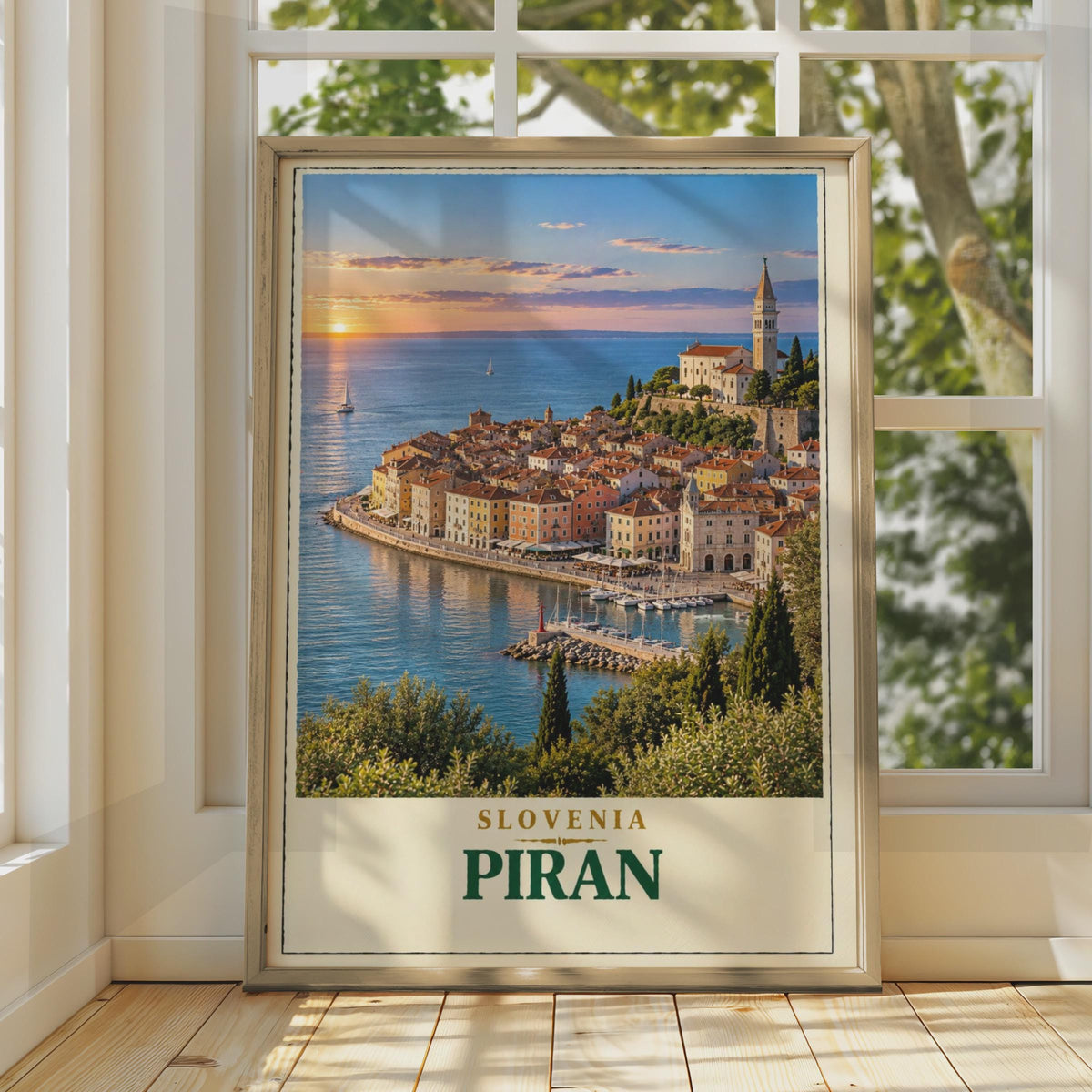 Piran Slovenia Travel Poster, Adriatic Sunset, Mediterranean Old Town (Print)