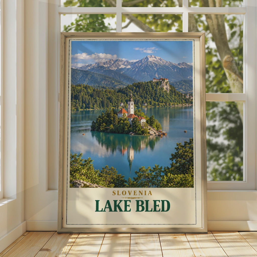 Lake Bled Slovenia Travel Poster, Julian Alps, Church Island Castle (Vintage Style Print)