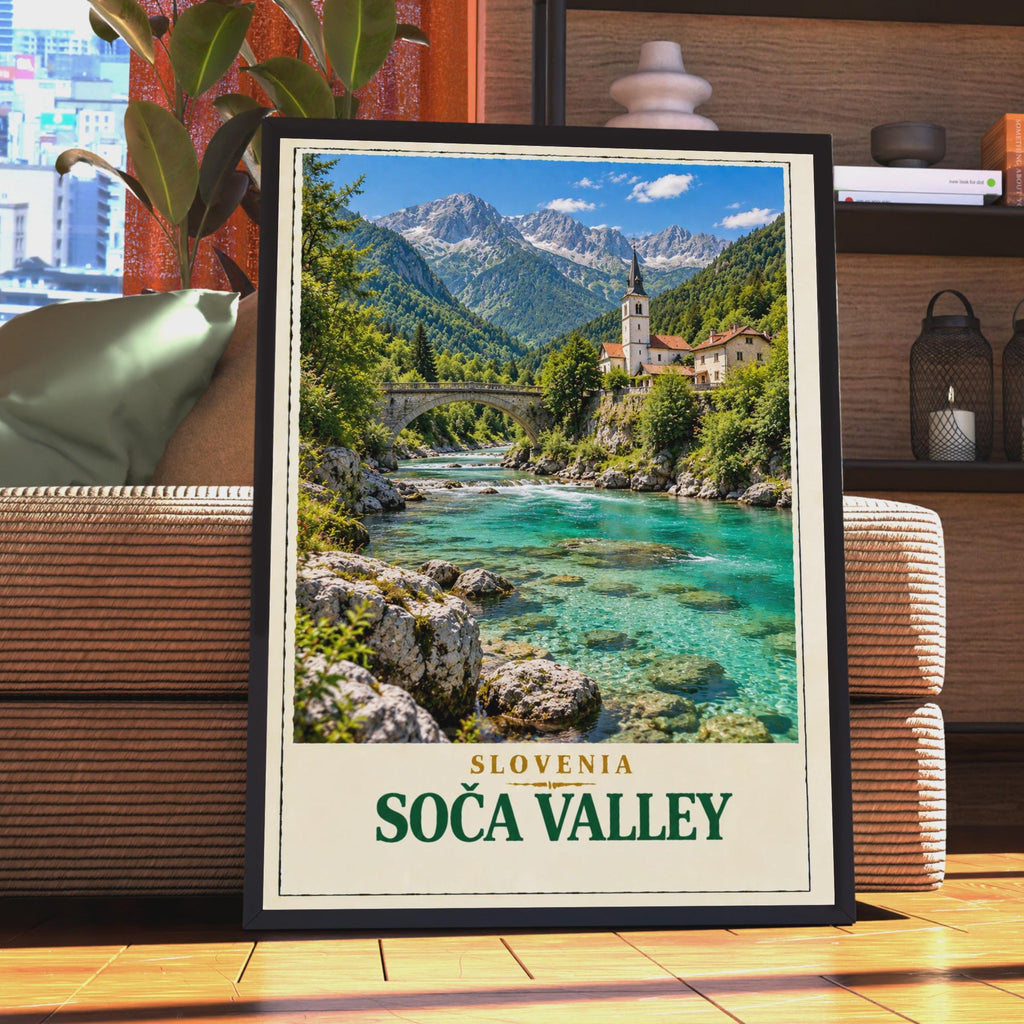 Soca Valley Slovenia Travel Poster, Turquoise River, Julian Alps Village Art (Print)