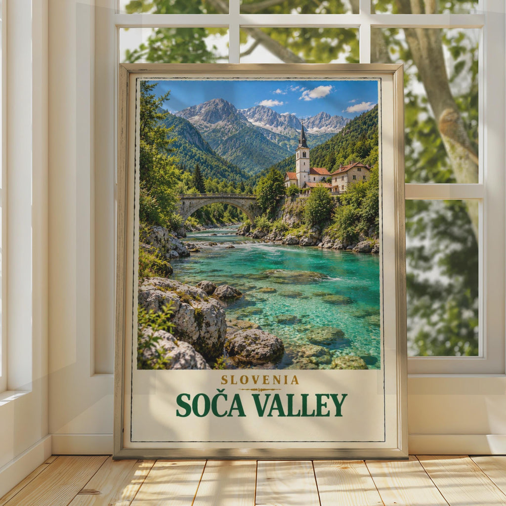 Soca Valley Slovenia Travel Poster, Turquoise River, Julian Alps Village Art (Print)