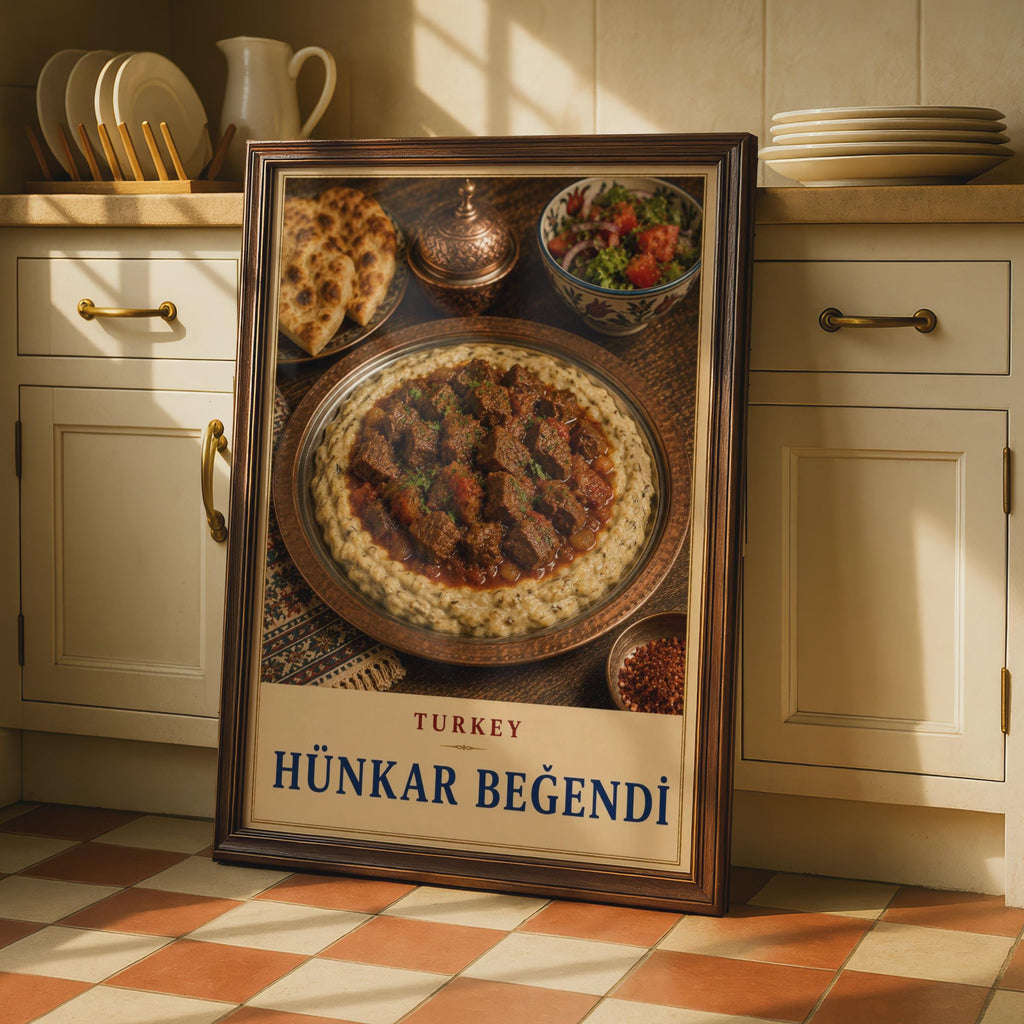 Hunkar Begendi Turkish Cuisine Poster, Ottoman Lamb & Aubergine Dish, Kitchen Wall Art (Printed Poster)