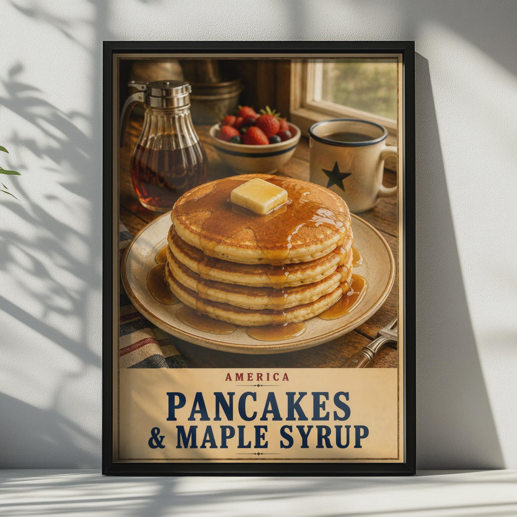 American Pancakes & Maple Syrup Poster, Retro Breakfast Wall Art, Rustic Diner Decor